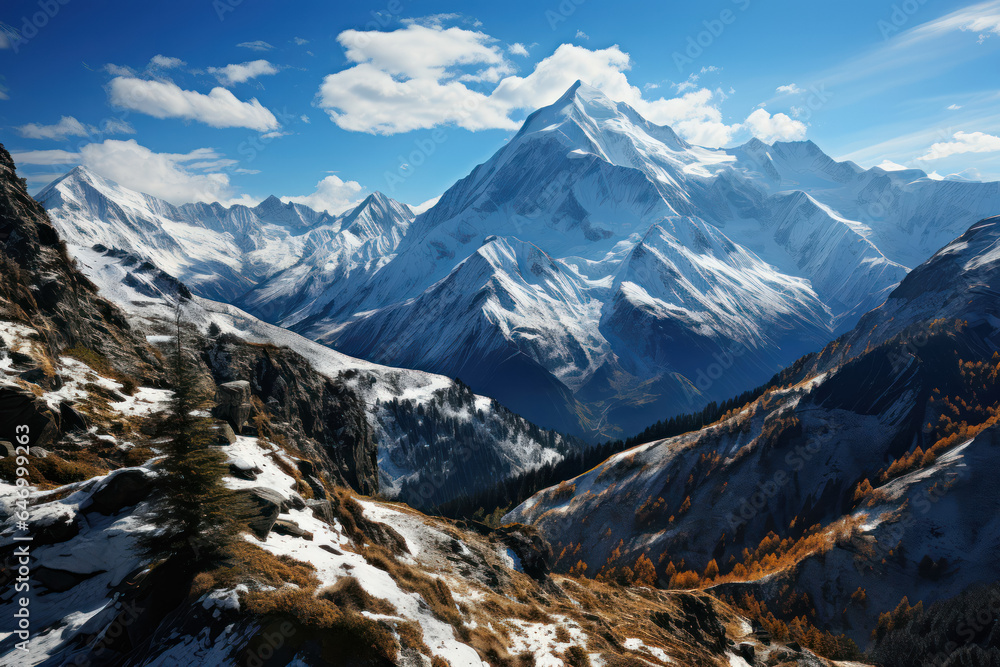 A panoramic view of a vast mountain range, with snow-capped peaks and deep valleys. Generative AI.