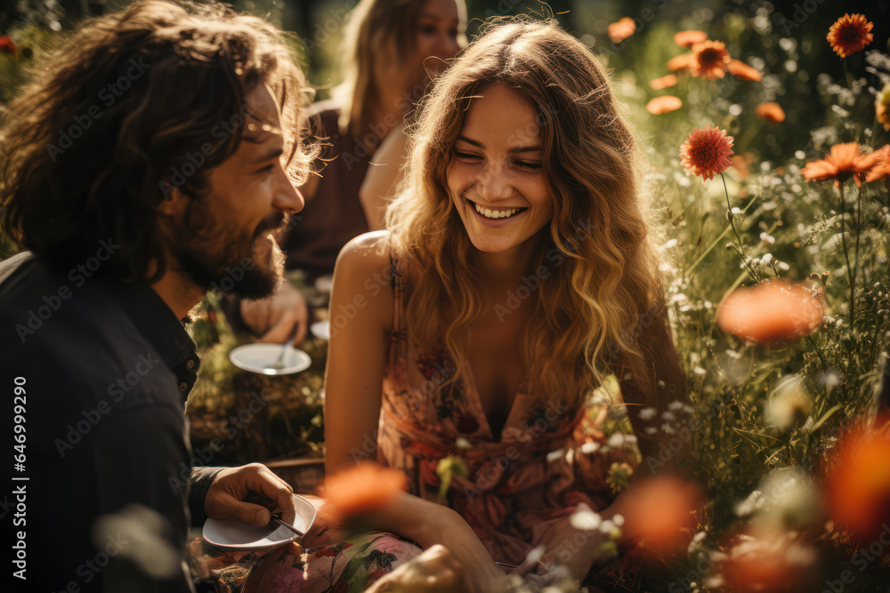 A group of friends laughing and enjoying a picnic in a blooming meadow. Generative AI. A group of friends laughing and enjoying a picnic in a blooming meadow. Generative AI.