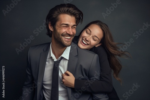 happy young woman linking her arms to her boyfriend from behind