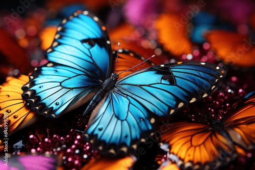 A detailed close-up of a butterfly's wings, showcasing intricate patterns and vibrant colors. Generative AI.