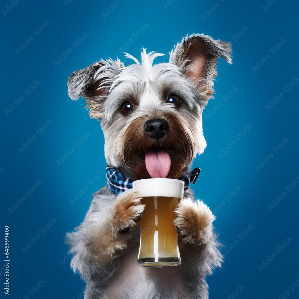 A dog holding a mug of beer