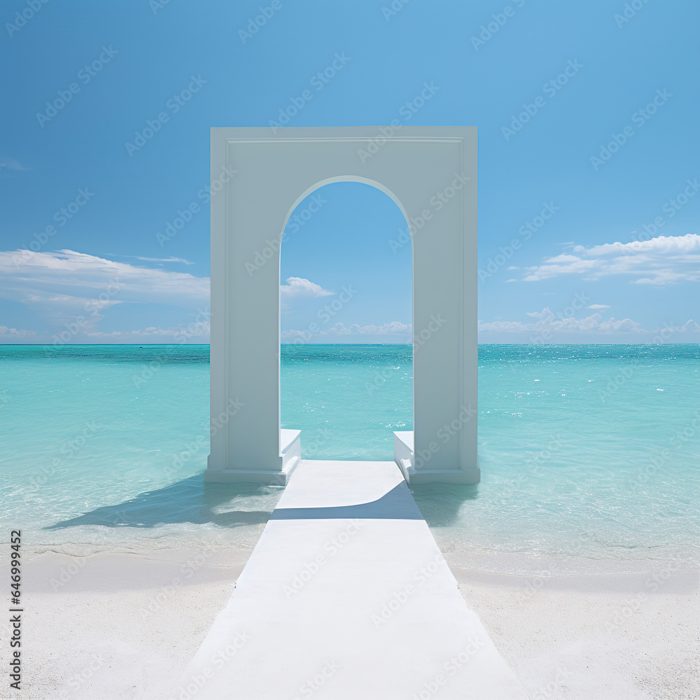 A small wooden stage on the beach with turquoise water on a beautiful day. Small stage on the sea overlooking the beauty of the ocean. Serene seaside scene.