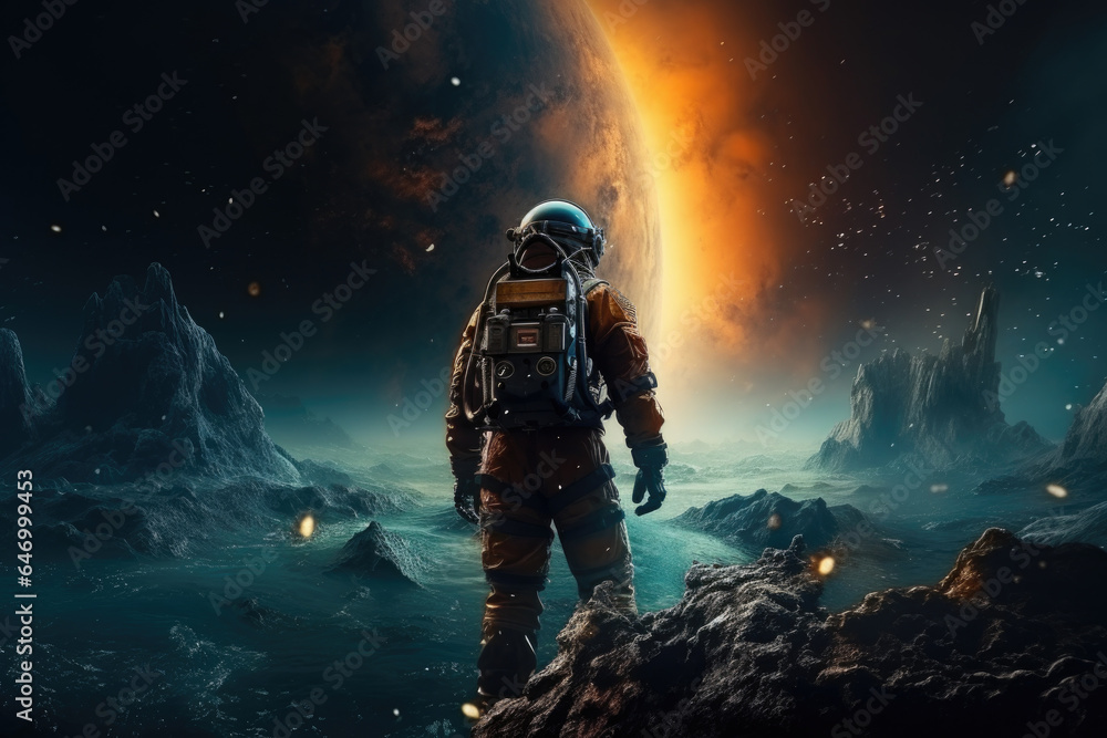 An astronaut's silhouette against the backdrop of a distant galaxy. Generative Ai. An astronaut's silhouette against the backdrop of a distant galaxy. Generative Ai.