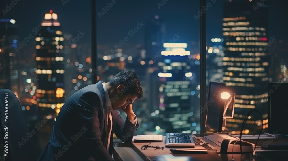 lonely depressed businessman at business his office. - obrazy, fototapety, plakaty 