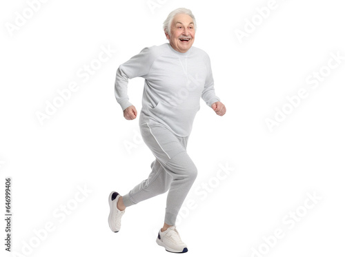 Happy elderly man jogging, cut out