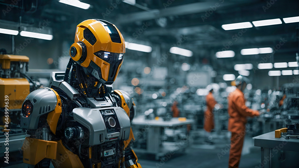 Artificial intelligence AI autonomous robot working in a sterile factory environment Artificial intelligence AI autonomous robot working in a sterile factory environment