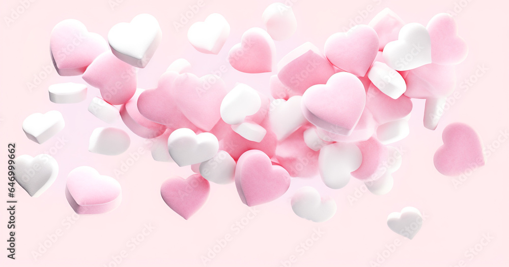 White and pink heart marshmallows falling. Blurred marshmallow candy background.