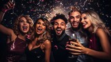group of friends of different ethnicities partying in a club. celebration. party. new year's eve. looking into a camera
