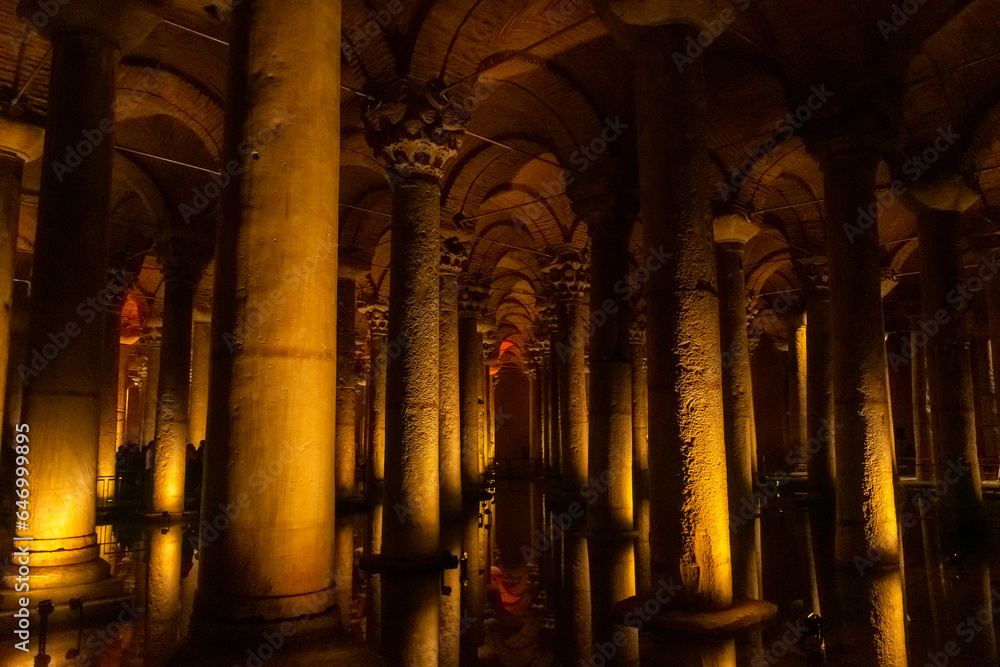 The Basilica Cistern, underground water reservoir build by Emperor Justinianus in 6th century, Istanbul, Turkey