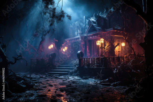 A haunted house attraction with eerie decorations and fog machines. Generative Ai.