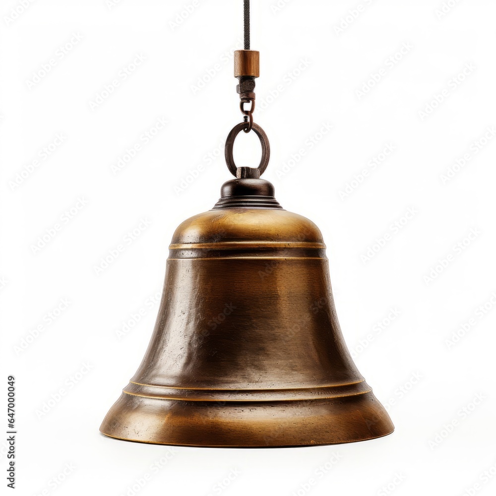 A brass bell hanging from a chain on a white background A brass bell hanging from a chain on a white background
