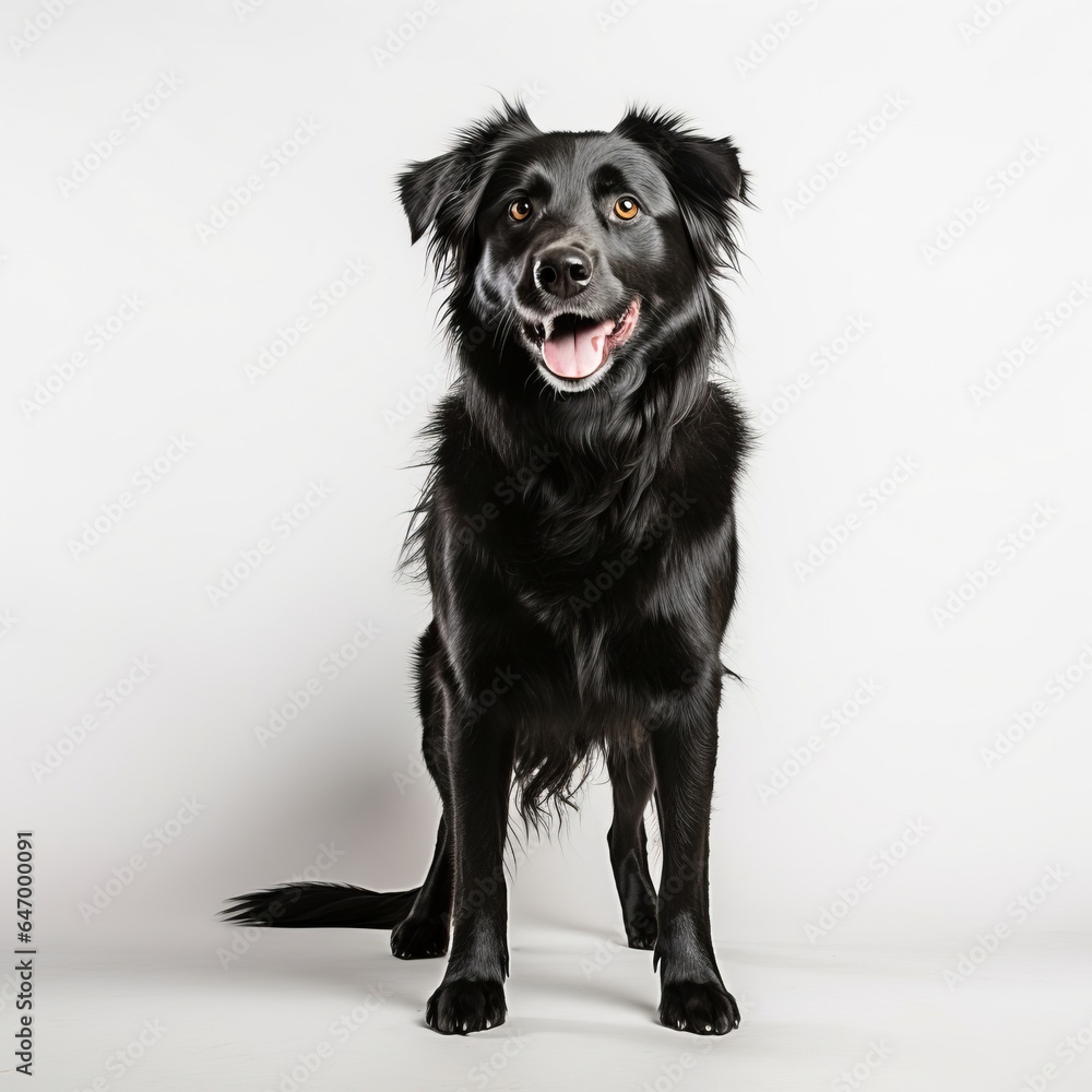 A black dog standing in front of a white background A black dog standing in front of a white background