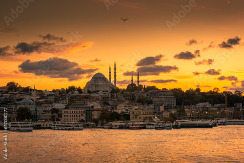 Amazing skyline of Istanbul at sunset with Suleymaniye Mosque,  Turkey
