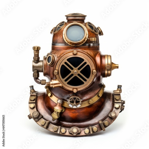 A vintage diving helmet on a clean white background