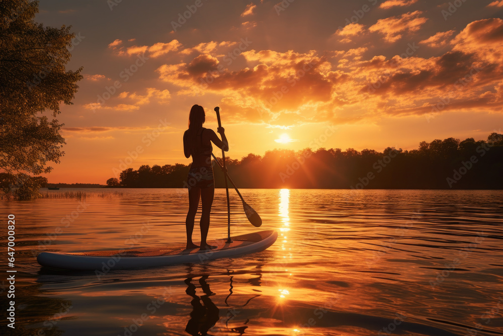 A person practicing yoga on a stand-up paddleboard at sunset, connecting with nature. Generative Ai.