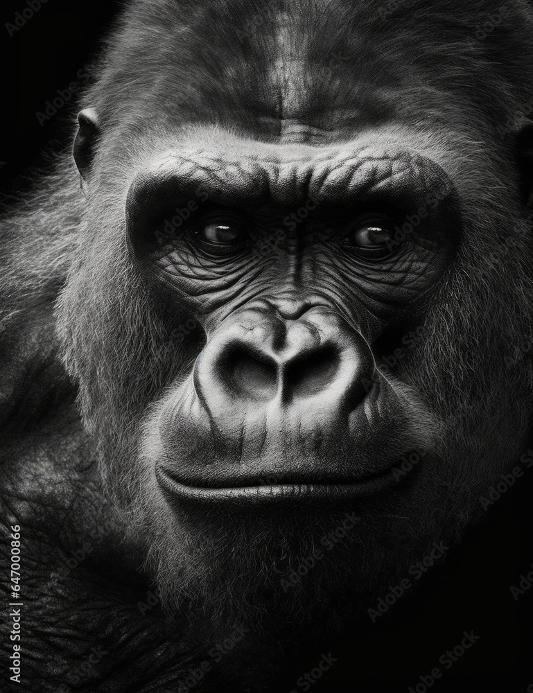 Portrait of a gorilla black and white.  Generative AI