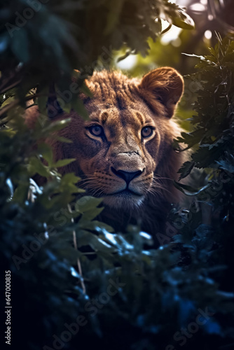 Portrait of a young lion in nature. Generative AI. 