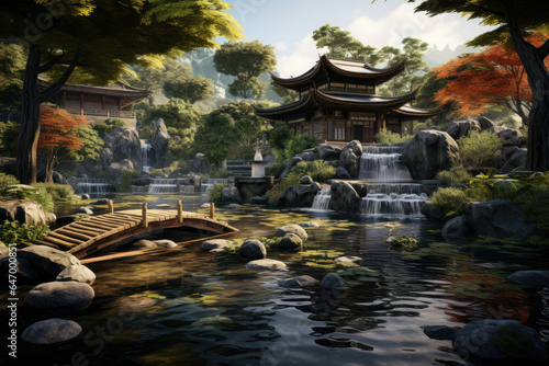 A meditation garden adorned with Zen stones and tranquil water features. Generative Ai.