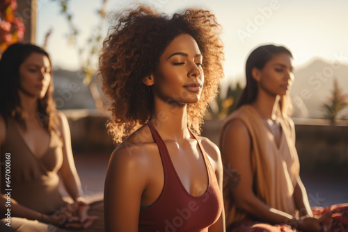 A group meditation session on a serene rooftop, participants finding inner peace. Generative Ai.