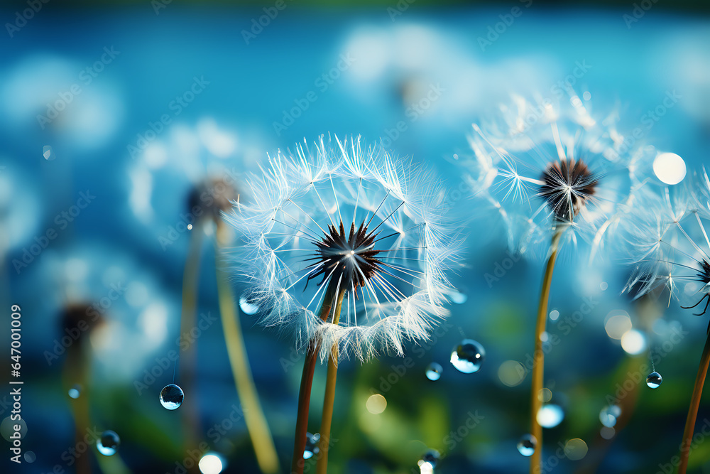 faded dandelions with drops of dew on a blue copyspace background faded dandelions with drops of dew on a blue copyspace background