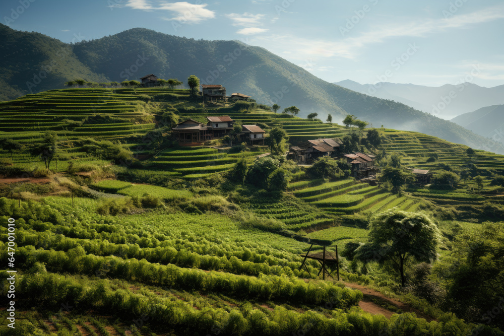A terraced hillside farm preventing soil erosion and conserving water resources. Generative Ai.