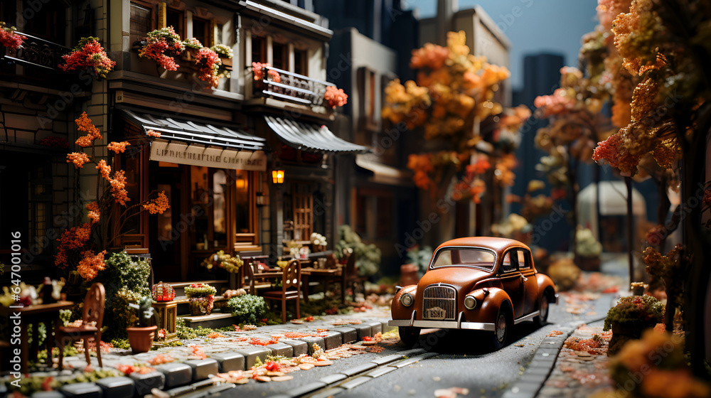 Toy car parked near a cafe in the middle of an atmospheric cozy street of a small miniature city