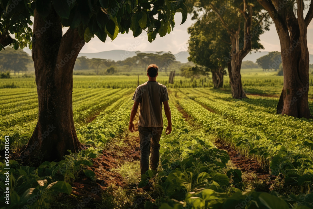 A farmer practicing agroforestry, integrating trees with crops for a sustainable ecosystem. Generative Ai. A farmer practicing agroforestry, integrating trees with crops for a sustainable ecosystem. Generative Ai.