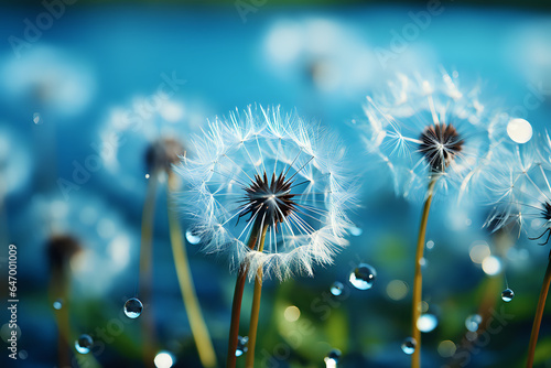 faded dandelions with drops of dew on a blue copyspace background