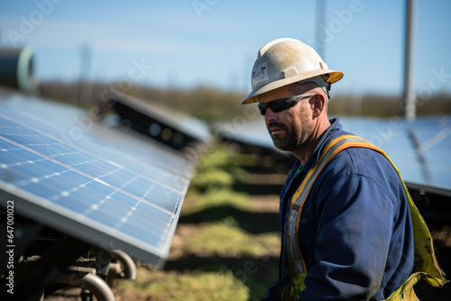 A farmer using solar panels to power farm equipment and reduce carbon emissions. Generative Ai.