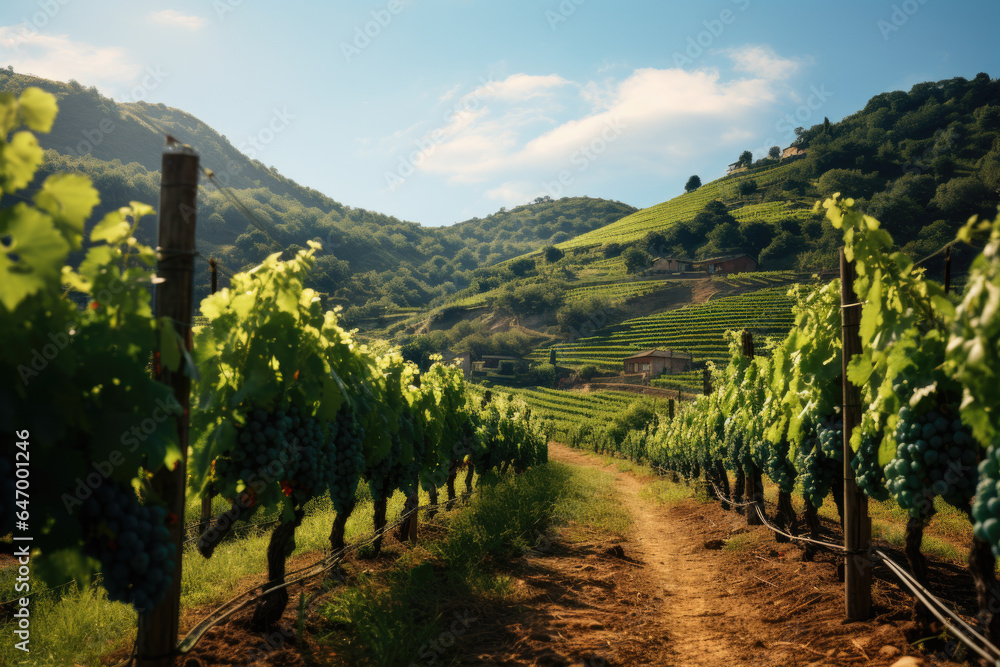 A vineyard using biodynamic farming practices to nurture grapevines naturally. Generative Ai.