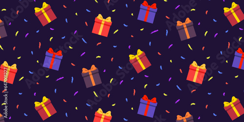 holiday anniversary gifts congratulations New Year Christmas wedding birthday confetti fireworks ribbon box package gift seamless pattern repeating flat bright print carpet cover wallpaper background