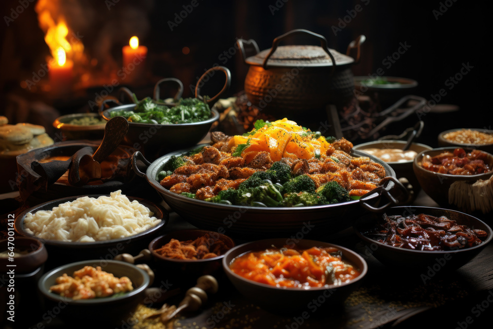 Fototapeta premium Global Spreads. Buffet of international dishes from different cultures, embodying the diversity of global cuisine. Generative Ai.