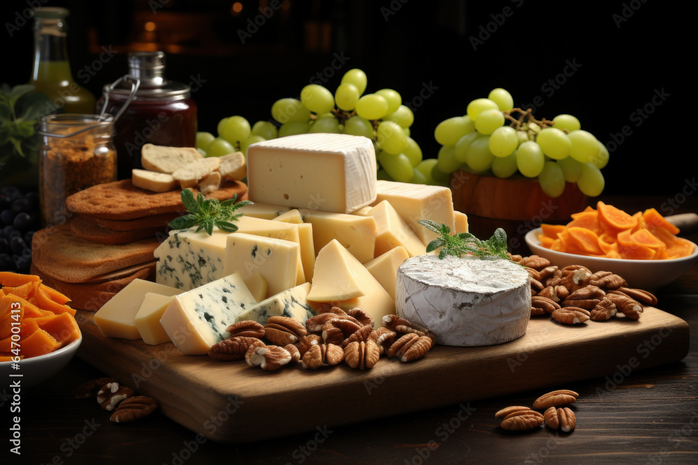 Artisanal Cheese. Display of various cheeses accompanied by fruits and nuts, showcasing the craftsmanship of cheesemaking. Generative Ai.