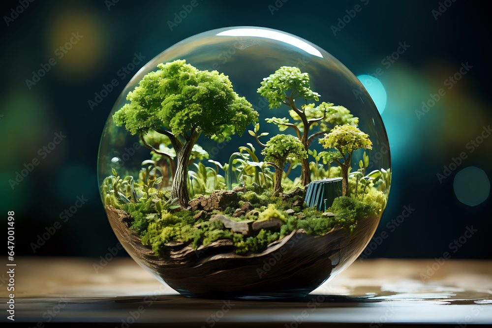 green plants in a glass ball, environmental protection, environmental education, concern for the conservation of natural resources, the concept of the fragility of nature green plants in a glass ball, environmental protection, environmental education, concern for the conservation of natural resources, the concept of the fragility of nature