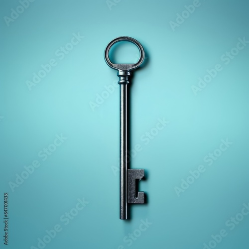 A single black key on a vibrant blue background