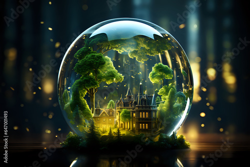 green plants in a glass ball, environmental protection, environmental education, concern for the conservation of natural resources, the concept of the fragility of nature