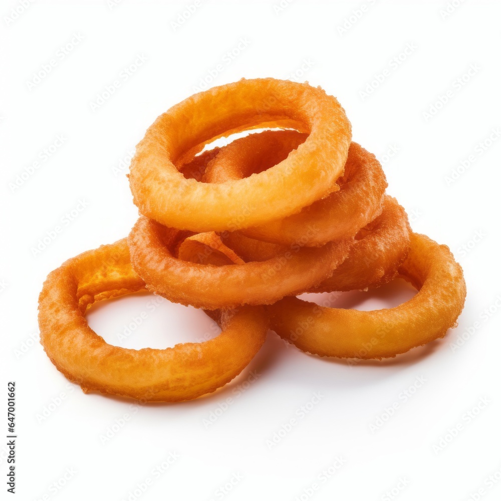 A stack of crispy onion rings on a clean white background A stack of crispy onion rings on a clean white background