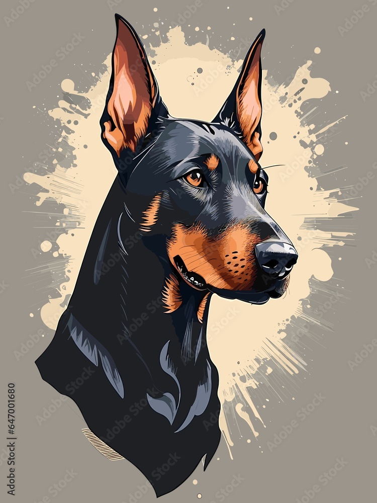 Portraits of a Doberman dog, Calm and Barking doberman. Vector drawing pattern illustration for tshirt design and printing.  Print dog training logo template