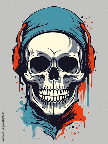 Skull wearing a hat and headphones. Vector drawing pattern illustration for tshirt design and printing