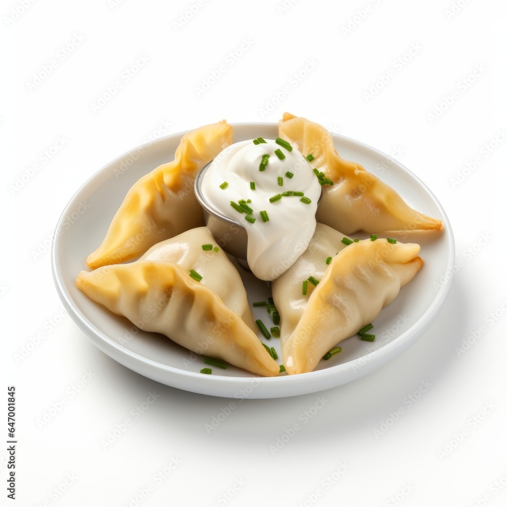 Delicious dumplings with a creamy topping served on a white plate