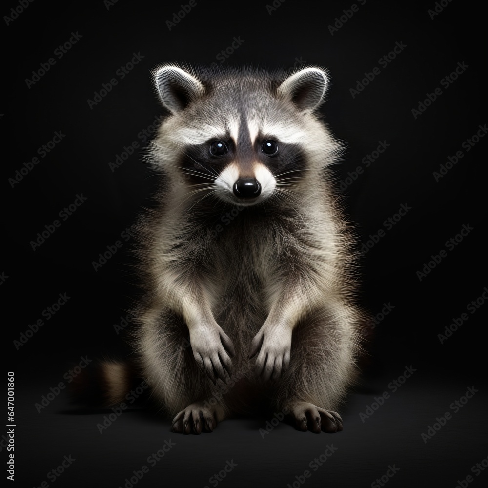A curious raccoon posing on a dark background, making eye contact with the camera