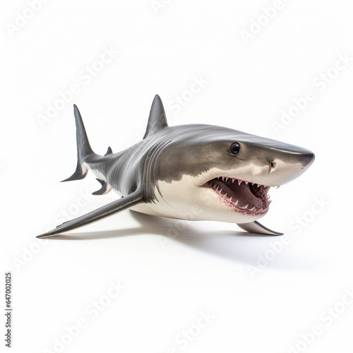 A toy shark with an open mouth on a white background