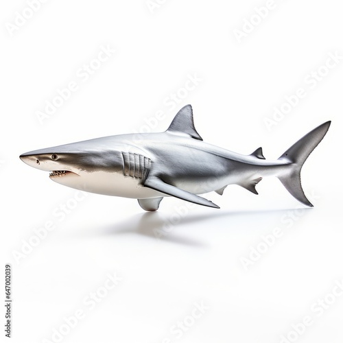 A silver toy shark on a white background