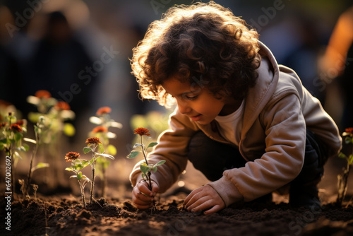 A child carefully places a young plant into the soil, discovering the world of gardening. Concept of Little Gardeners. Generative Ai.