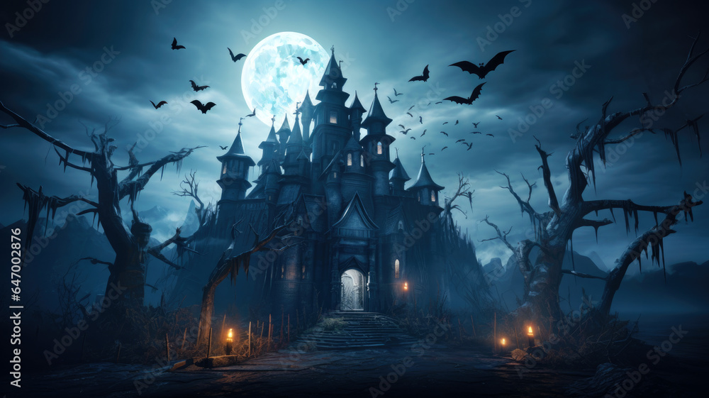 Dark haunted castle with bats in creepy forest on Halloween night
