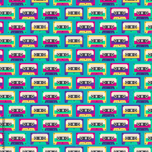 Background Design. Pop Art Cassette Pattern. 90s Vector Flat Style Illustration