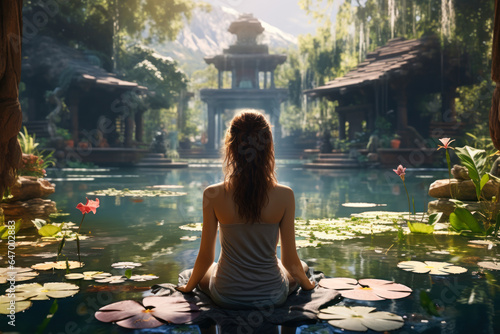 Young woman meditation sitting on stone in lake in beautiful garden © karina_lo