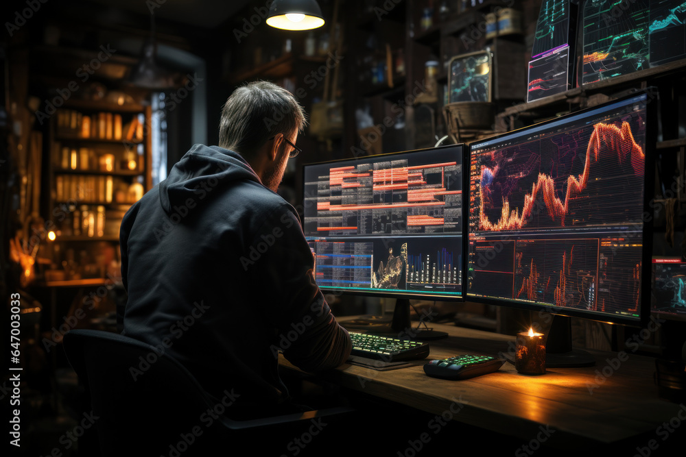 A trader studies technical charts with trend lines and indicators, using chart analysis to predict future price movements. Concept of Technical Analysis. Generative Ai.