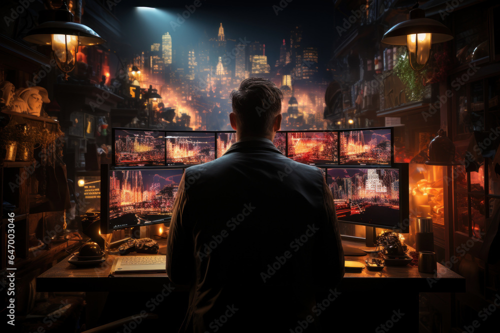 A trader observes the market during a volatile period, making split-second decisions to maximize gains and minimize losses. Concept of Volatile Trading. Generative Ai. A trader observes the market during a volatile period, making split-second decisions to maximize gains and minimize losses. Concept of Volatile Trading. Generative Ai.