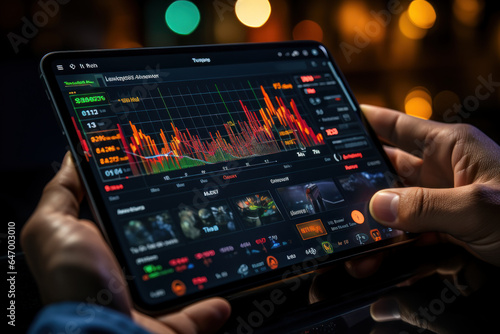 A close-up of a trader's hand making a trade on a tablet, capturing the convenience of mobile trading platforms. Concept of Digital Investing. Generative Ai.